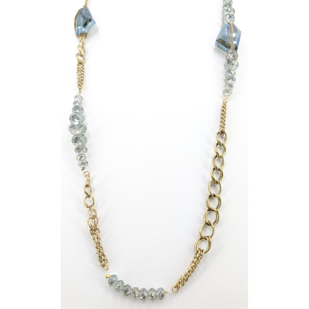 Unsigned Necklace Blue Gray Glass Beads Gold Plated Mixed Chain 35 in Long 40g